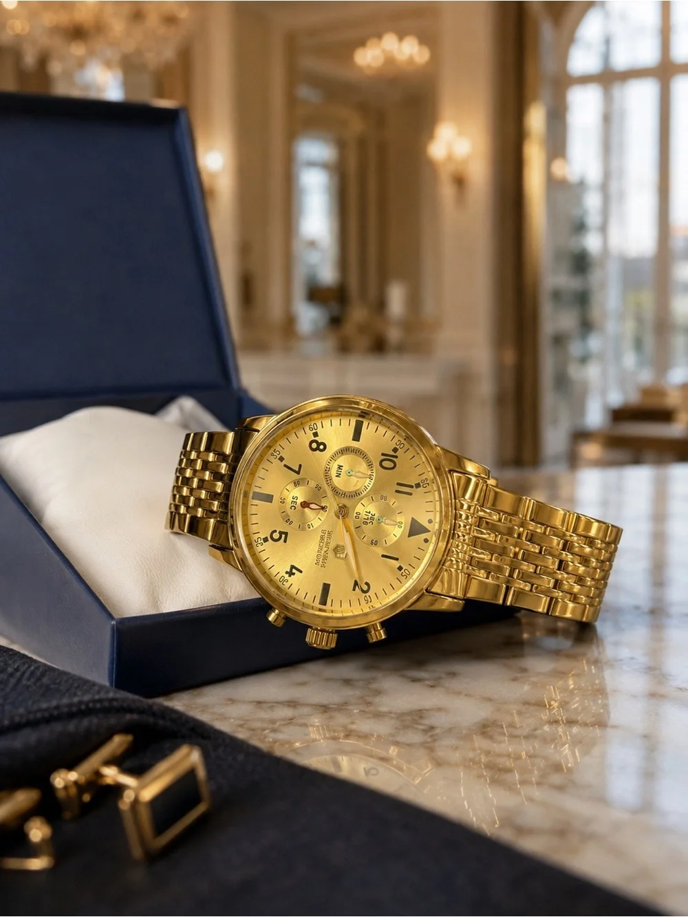 Montres Prestige MPW-0078 Men’s Gold Tone Multi-Dial Watch NWT Box